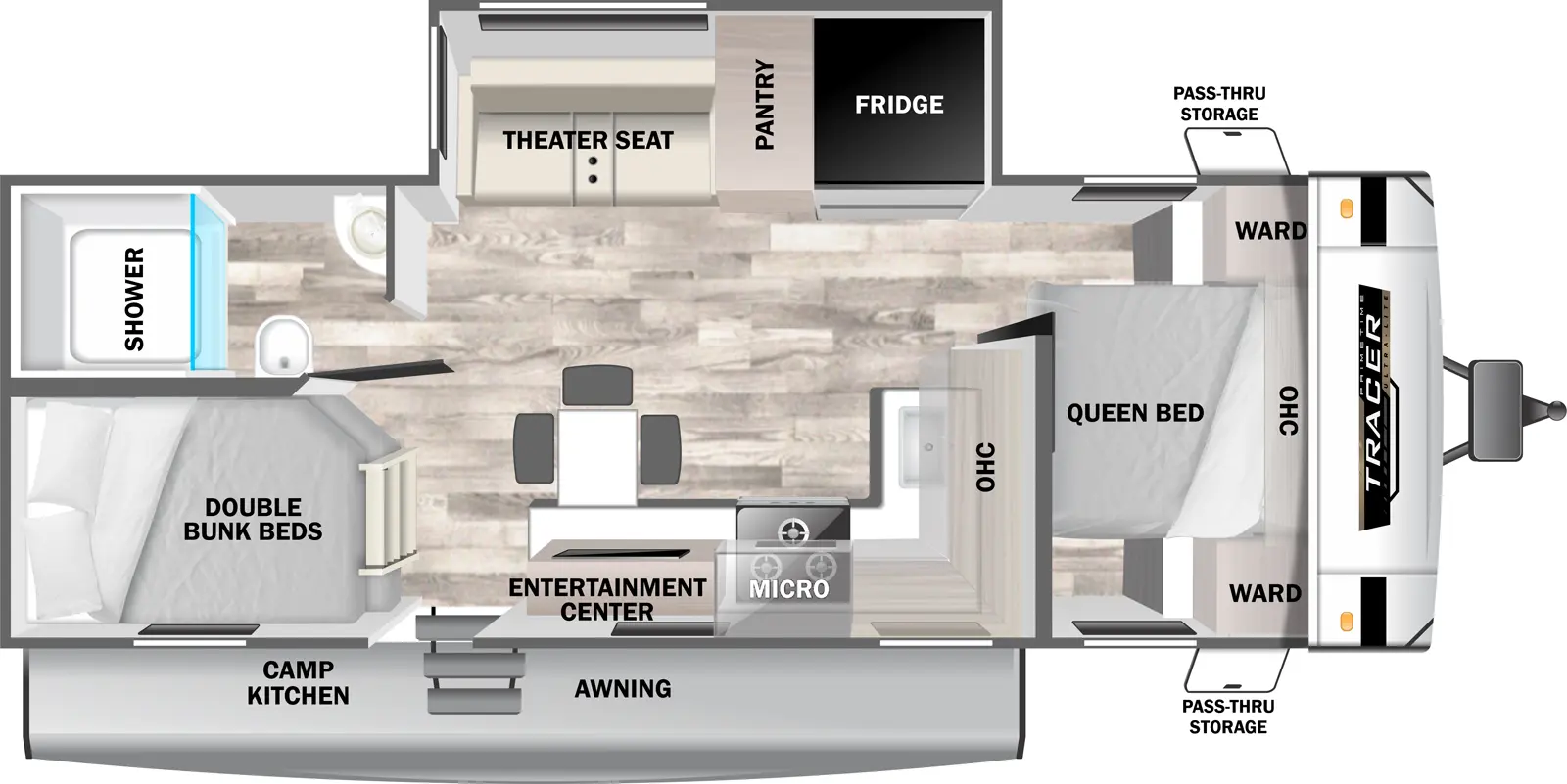 The Tracer 250BH floorplan has one entry and one slide out. Exterior features include: fiberglass exterior and outside kitchen. Interiors features include: bunk beds and front bedroom.